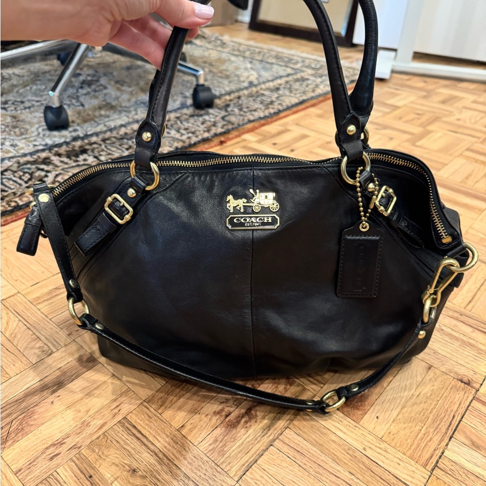Vintage Coach Black Leather Shoulder Bag with Gold Accents